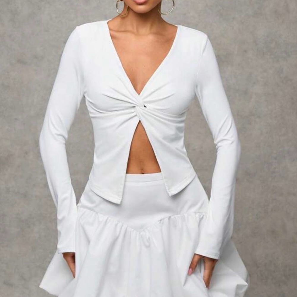 White V Neck Twist Front Long Sleeve Top
